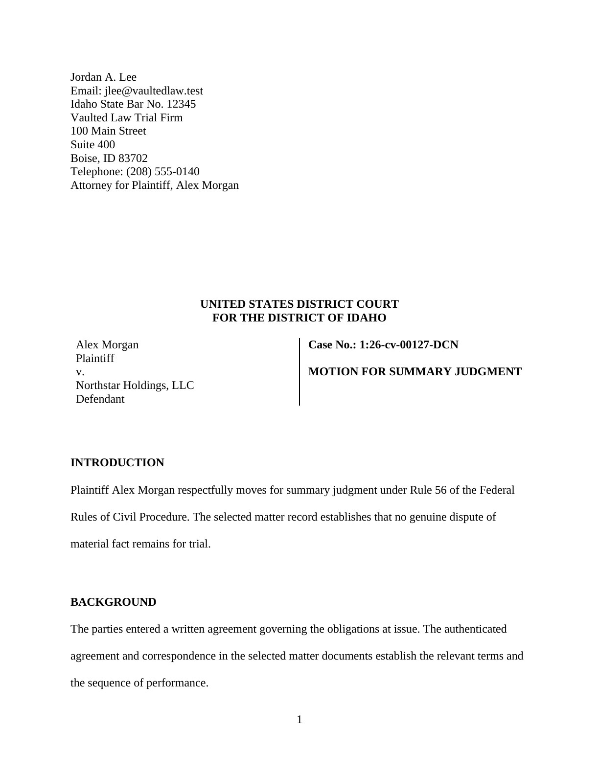 An actual generated Word motion with attorney details, court caption, case number, and page numbering